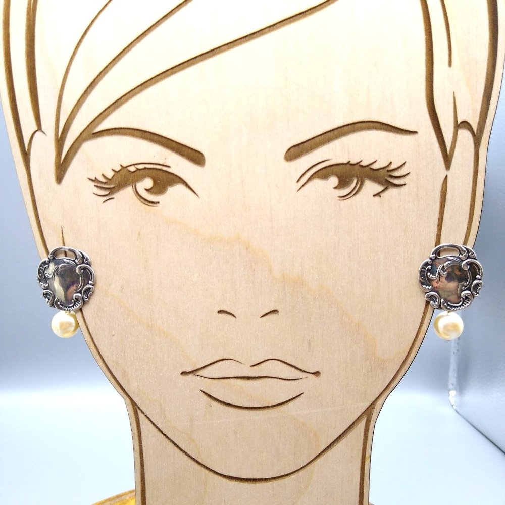Sterling Silver Pearl Drop Earrings, 925 Vintage Stamped Art Nouveau Design